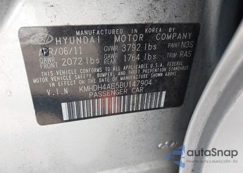 2011 Hyundai Elantra Gls (Ulsan Plant) из США, поврежденный, VIN KMHDH4AE5BU147904